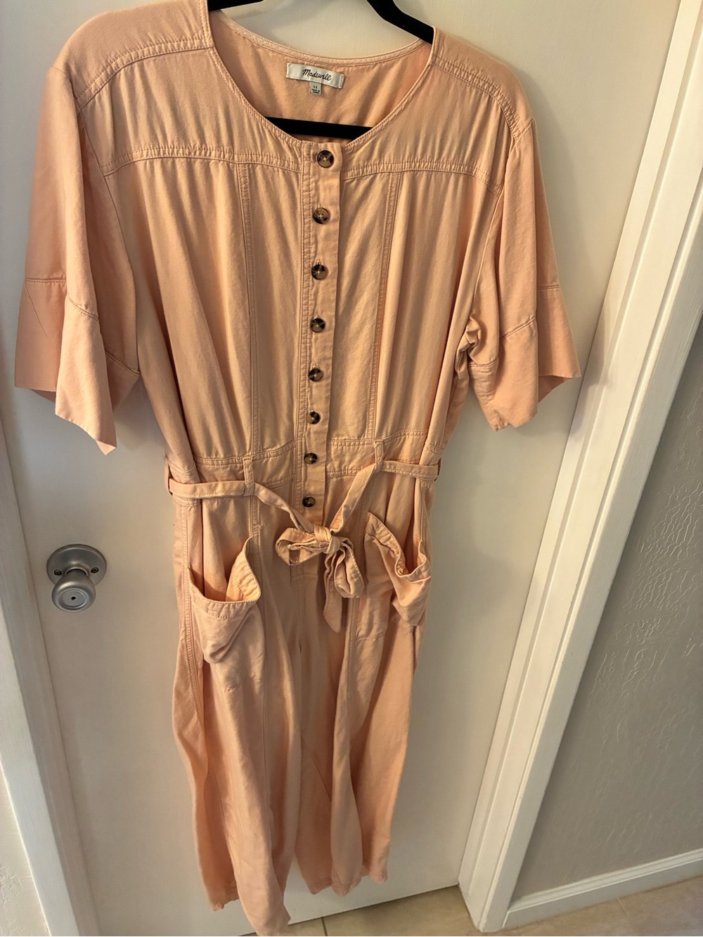 Madewell Light Peach Button-Front Utility Jumpsuit with Tie Waist